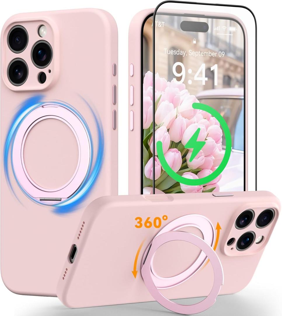 360 Magnetic for iPhone 16 Pro Max Case Silicone with Stand, Compatible with MagSafe, Rotatable Ring Kickstand Slim Rubber Drop-Proof Case with Tempered Glass Screen Protector 6.9", Pink