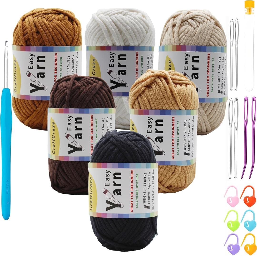 Beginner Easy Yarn Kit for Knitting,Crocheting; Worsted Weight Medium #4; Cotton Blend Yarn for Amigurumi with Tools (Scorching Lava, 6 Skein)