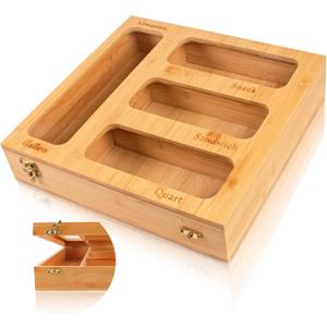 Bamboo Food Bag Organizer for Kitchen Drawer, a bamboo 4 slots - made dispenser container for plastic bags.Suitable for Gallon Quart Sandwich & Snack Variety Size Bag