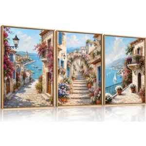 Large Italy Coast Street Framed Canvas Wall Art,Colorful Floal Europe Landscape Wall Decor,Nature Scenery Art Prints,Seascape Mediterranean Artwork for Living Room,Bedroom-16 x24 x3