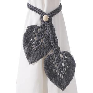 2 Pack Boho Curtain Tiebacks,Hand Knitting Cotton Curtain Holdbacks with Adjustable Natural Wooden Bead,Double Leaves Farmhouse Theme Curtain Tie Backs, for Indoor Outdoor Drapes Decorative,(Grey) (S5)