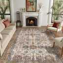 Color&Geometry 5x8 Machine Washable Low Pile Area Rugs for Living Room, Thin Soft Vintage - Floral Area Carpet with Non Slip TPE Backing for Bedroom, Dining Room, Beige and Red