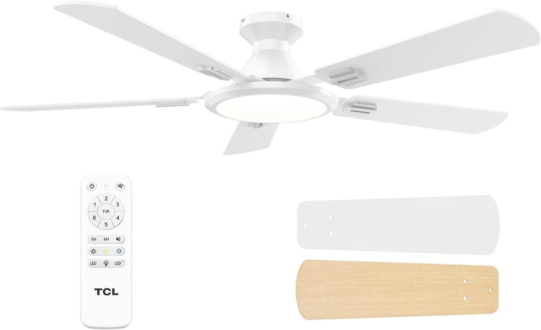 TCL Ceiling Fans with Lights, 52 Inch Low Profile Ceiling Fan with Light and Remote Control, Flush Mount, DC Reversible Motor, Noiseless, 6 Speeds Ceiling Fan for Bedroom (White)