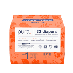 Pura Hypoallergenic Diapers, Size 1 (411lbs), Newborn, Totally Chlorine Free, Wetness Indicator, Suitable for Sensitive Skin, Soft Organic Cotton Comfort, Overnight, 3 Packs of 32 (96 Baby Diapers)