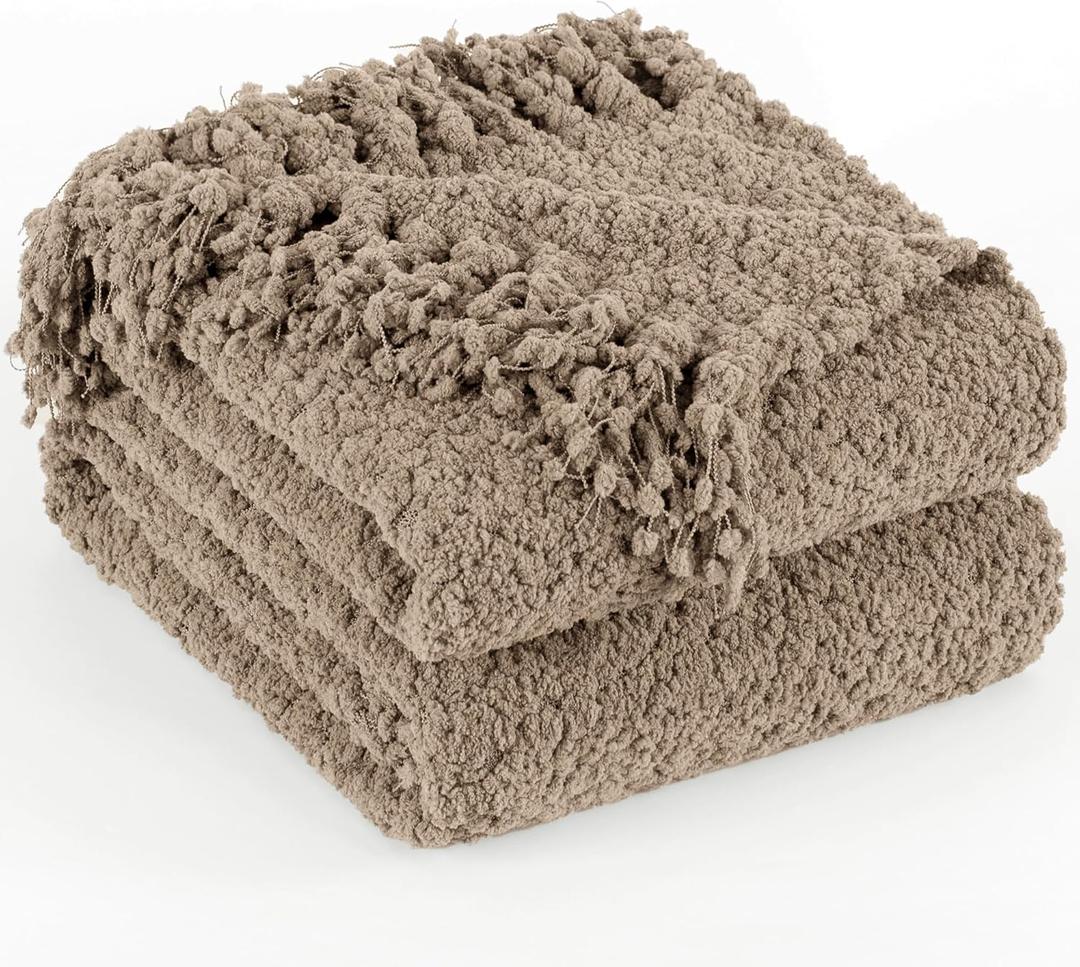 Throw Blanket for Couch, Taupe Tan Luxury Knitted Throws 50"x60", Textured Blankets with Handmade Fringe Tassels for Bed Sofa Decorative, Chunky Soft Farmhouse Boho Home Decor