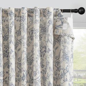 Vangao Linen Curtains with Detachable Blackout Liners Floral Curtains for Bedroom Living Room Full Blackout Botanical Farmhouse Drapes 63 Inch Long 4 Panels Set, Blue on Beige, Rings Included (50"W x 63"L (Pack of 2))