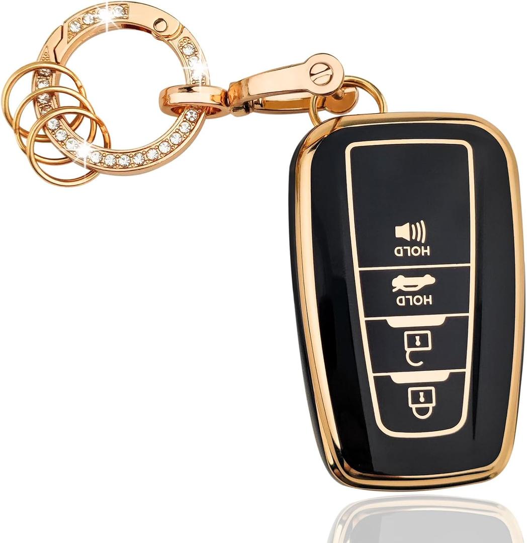 OLLEN TPU Key Fob Cover with Bling Ring, Fit for Toyota, Full Protection Soft TPU Key Case, 4 Button, with Ring, Black (B Style, Black, +Ring)