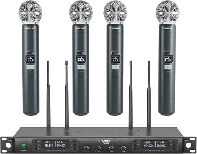 Phenyx Pro Wireless Microphone System, Quad Channel Wireless Mic, w/ 4x40 UHF Frequencies, Auto Scan, 328ft Long Range, 4 Handheld Dynamic Microphone for Singing, Church, Karaoke (PTU-7000-4H) Phenyx Pro Wireless Microphone System, Quad Channel Wireless Mic, w/ 4x40 UHF Frequencies, Auto Scan, 328ft Long Range, 4 Handheld Dynamic Microphone for Singing, Church, Karaoke (PTU-7000-4H)