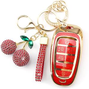 Rayslesan Sparkly Key Fob Cover with Cherry Keychain, Bling TPU Smart Key Case for Women, Compatible with Hyundai Sonata Santa Fe Tucson Nexo 2019-2021 Palisade 2023-2024 (7-Button, Gold Red)