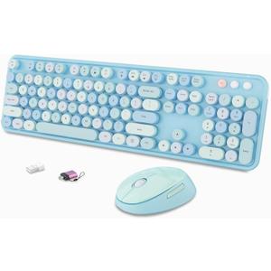 Wireless Keyboard and Mouse Combo, Ergonomic Full Size Typewriter Retro Round Keycaps Keyboard, Compatible with Windows, PC, Prefer for Home and Office Keyboards (Blue)