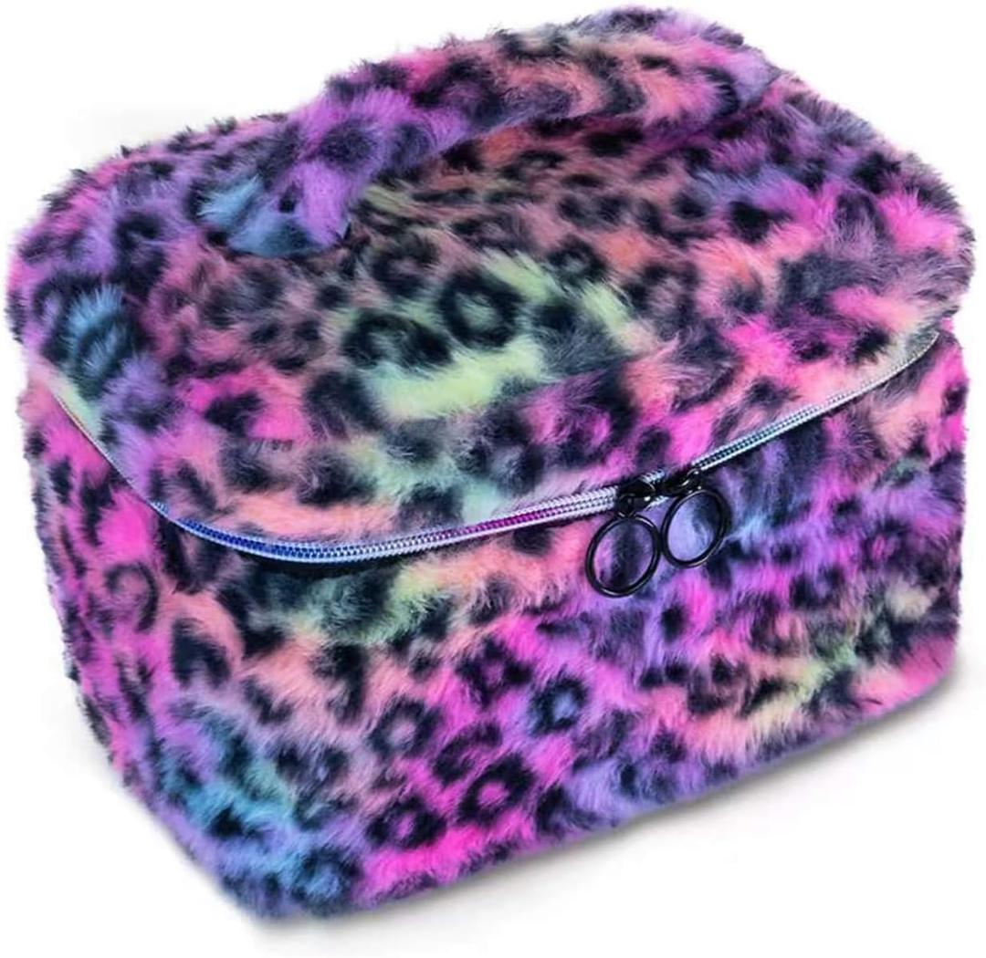 Plush Travel Makeup Bag Toiletry bag for Women Soft Fluffy Cosmetic Bag Portable Foldable (Rainbow Leopard)