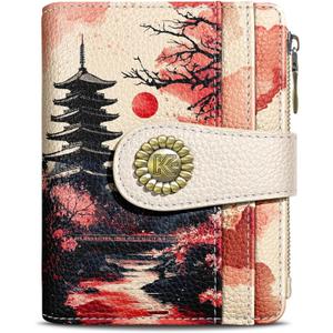 Kelvoris Japanese Sunset Goth Small Rfid Women Wallet Bifold Zipper Coin Pocket PU Leather Compact Cash Credit Card Holder Travel Wallet for Female Ladies Teen Girls 1 ID Window 10 Card Slots