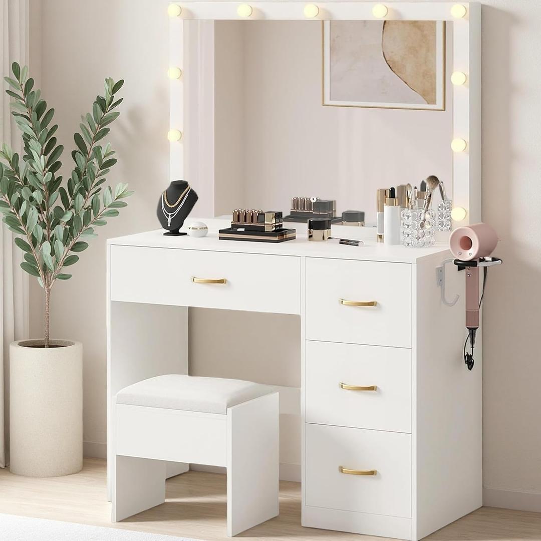 DWVO Makeup Vanity Desk with LED Mirror & 3 Brightness Levels, Makeup Table with 4 Drawers, Power Outlets, Hairdryer Holder & Cushion Stool for Dressing Room (Light White)