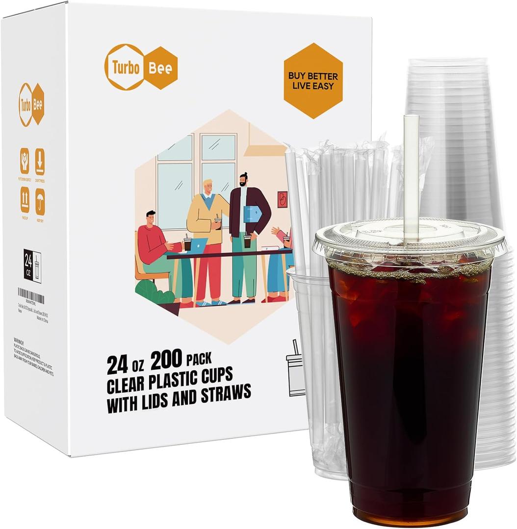 Turbo Bee 200 Sets 24 OZ Clear Plastic Cups with Lids and Straws, Disposable To Go Iced coffee cups with lids for Cold Drinks, Smoothie, and Slushie