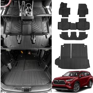 Bomely Floor Mats Compatible with 2020-2026 Toyota Highlander Cargo Liner Back Seat Cover Hybrid Fuel 2025 7 Seats Highlander Accessories (2020-2026,Floor Mats+Trunk Mat with Backrest Mat)