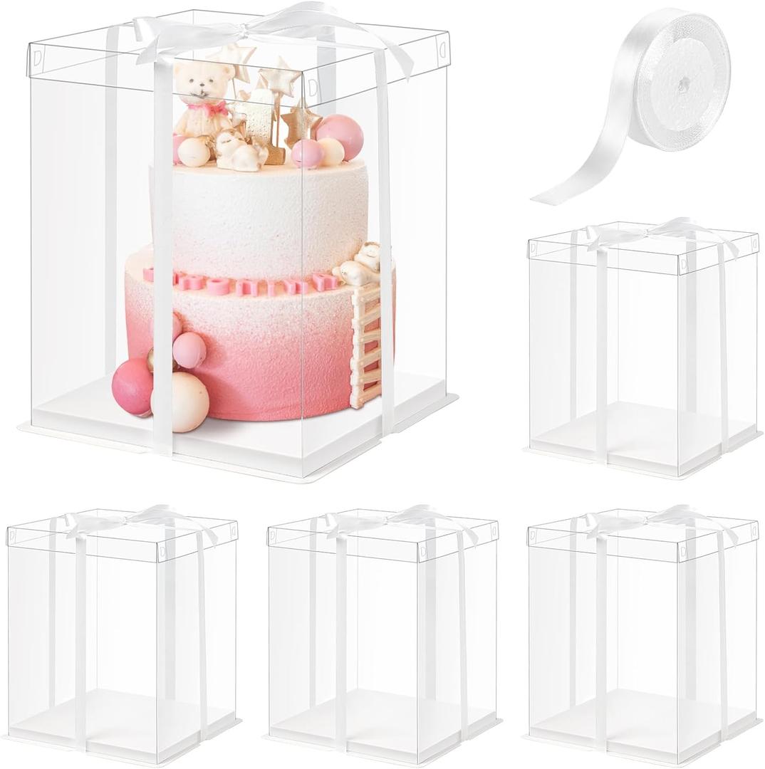 Ocmoiy 10x10x12Inch Clear Cake Box, 5 Pcs Tall Cake Boxes with Ribbon, Treat Transport Boxes for Wedding, Birthday, Party