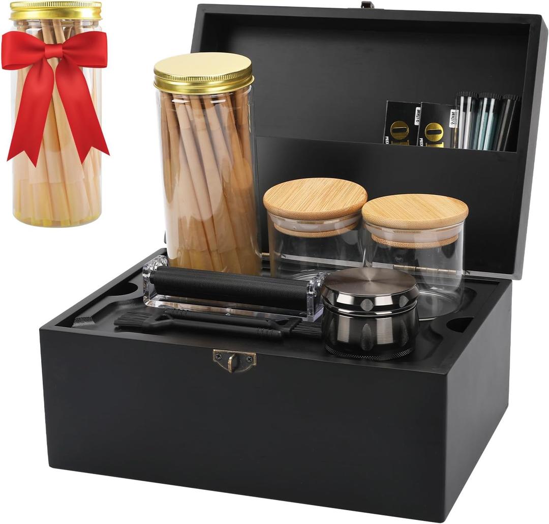 Large Bamboo Storage Box with Removable Tray Kit - Decorative Box Set, Glass Jars, and Accessories Wooden Storage Kit and Accessories Tool.Birthday Gifts. (Black)