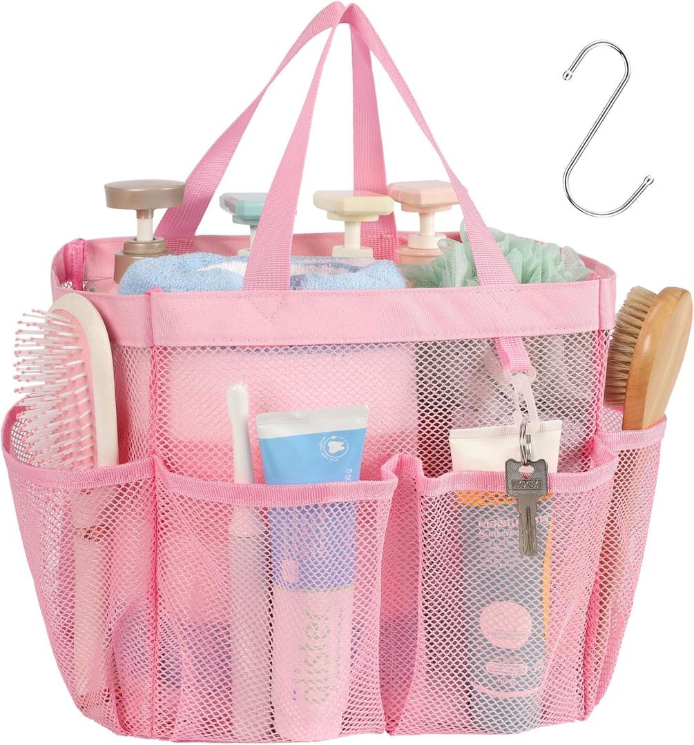 F-color Mesh Shower Caddy Portable, Large Capacity Shower Bag Basket Tote for College Dorm Room Toiletry Gym Rv Essentials, Bathroom Caddy Bag with S Hook