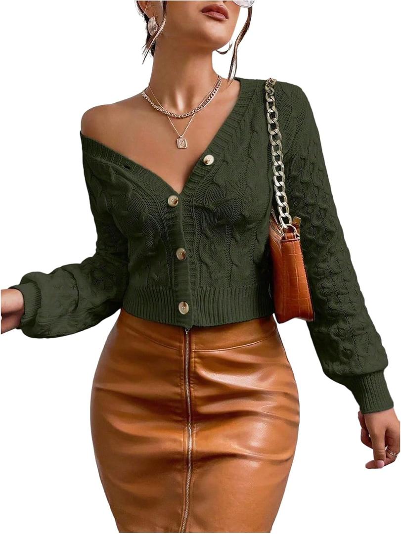 Verdusa Women's Cable Chunky Cardigan Sweaters Button Up Short Fall Outerwear Clothes (Green, M)