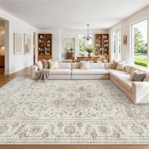 Washable 9x12 Area Rugs for Living Room Beige White Non-Slip Rug