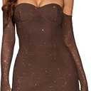 Parthea Women’s Sexy Dress Sequin Sparkly Glitter Dress Off Shoulder Long Sleeve Party Club Going Out Mini Dresses L