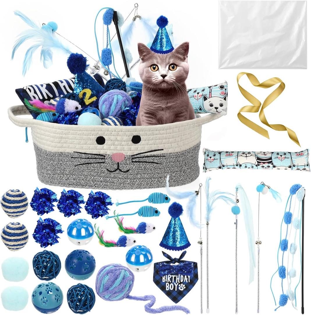 Zopeal Cat Toy Set Interactive Cat Toys Pack Including Feather Teaser Wand Plush Gift Outfit Mice Crinkle Balls and Pet Bell Balls, Puzzle for Indoor Cats Birthday Gift Basket for Kitten(Blue)
