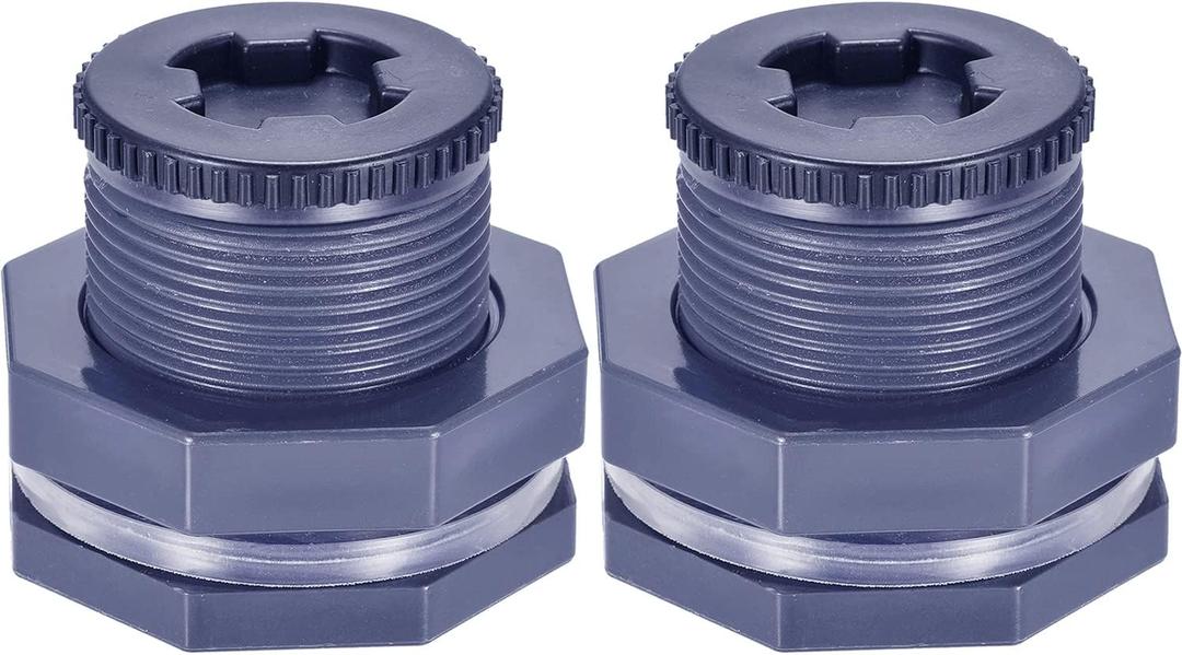 JoyTube 1 Female PVC Bulkhead Fitting with Plug Silicon Seal Gasket Water Tank Connector for 1.77 Inch or 2 Inch Hole Saw Rain Barrels, Aquariums (pack of 2)