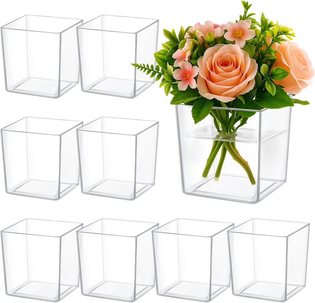 8 PCS Clear Square Vases, 4.7 in Acrylic Flower Vases, Plastic Cube Centerpiece Containers, Bulk Planters for Wedding Table Decor, Home Office Floral Display, Succulent Pot Use