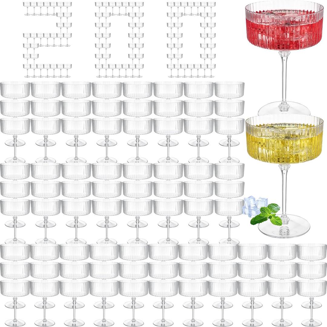 Jingmore 200 Pcs Ribbed Martini Glasses 10 oz Disposable Plastic Vintage Ribbed Coupe Glasses Unbreakable Dessert Parfait Glassware for Wedding Birthday Party Supplies (Clear)