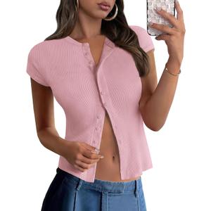 PRETTYGARDEN Women's Short Sleeve Summer Tops 2025 Trendy Ribbed Knit Button Up Tight Basic Tees Shirts Going Out Y2K Clothes (Pink, M)