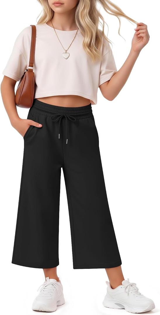 Halfchet Girls Capri Pants Wide Leg Sweatpants Baggy Cropped Pants Loose Fit Casual Basic Capris with Pockets for Ages 5-14