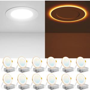 Amico 12 Pack 4 Inch 5CCT LED Recessed Ceiling Light with Night Light, 2700K/3000K/3500K/4000K/5000K Selectable Ultra-Thin Lighting, 10W=90W, 700LM, Dimmable Canless Wafer Downlight - ETL&FCC (White)