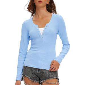 Women's Long Sleeve Henley Tops Ribbed Knit Slim Fitted Trendy T Shirt Basic Tees Layer 2026 Spring Fashion Outfits, Size XL