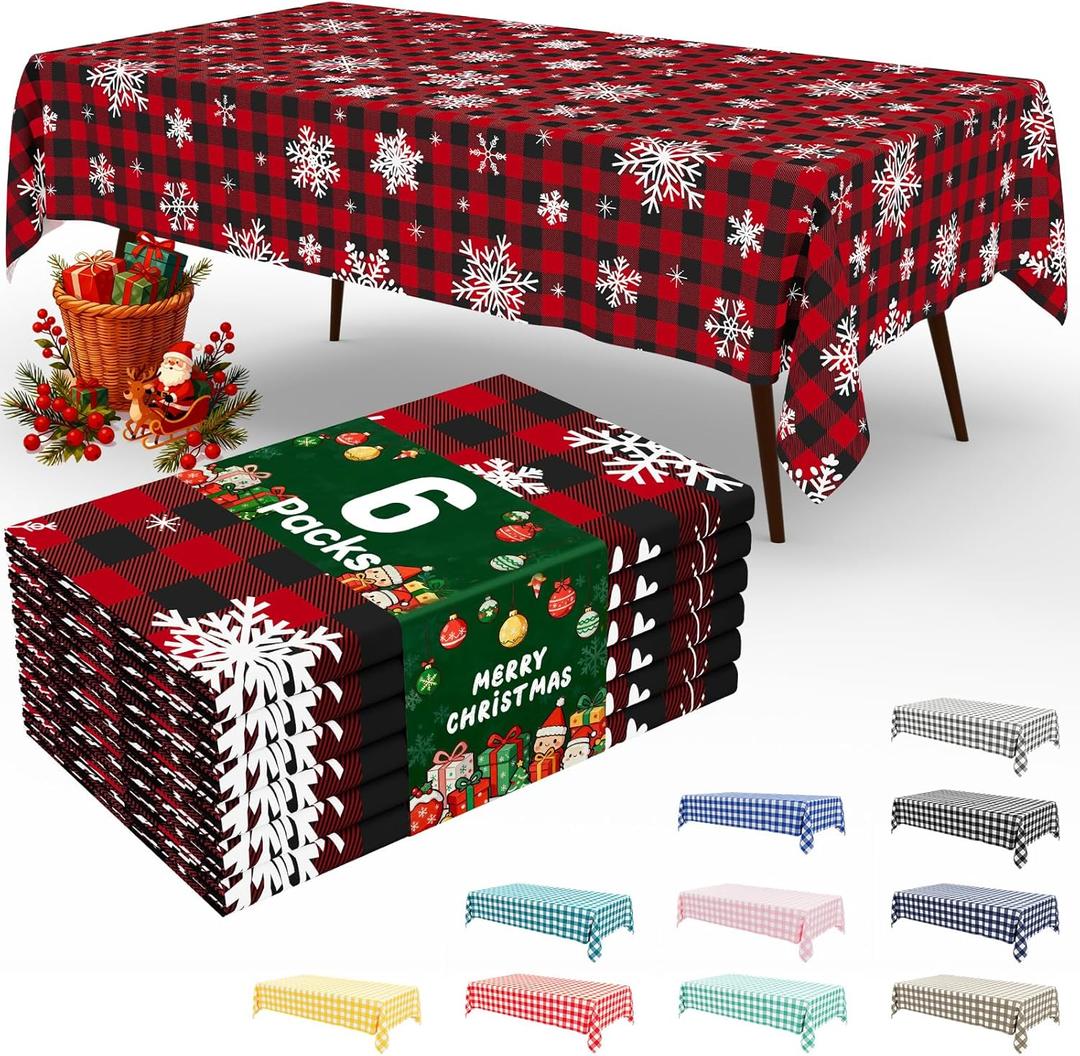 misaya 6 Packs Christmas Buffalo Disposable Table Cloth, 54 x 108 Inch Waterproof Plastic Tablecloth, Rectangle Black Red and White Checkered Table Covers for Picnic, Birthday, Party