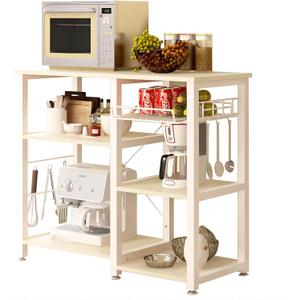 soges Kitchen Bakers Rack with 5 Hooks, Microwave Stand, Coffee Bar Station, Industrial Storage Shelf with Wire Basket, Adjustable Feet, Sturdy Metal Frame for Kitchen, Pantry, Living Room, White Oak