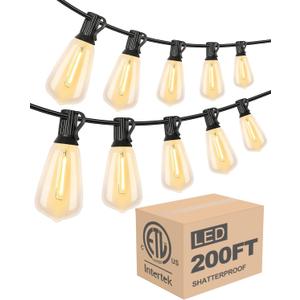 Lightdot 200FT Outdoor String Lights, LED Bistro String Lights with Shatterproof ST38 Vintage Bulbs, 2200K Dimmable, Waterproof Hanging Lights for Porch, Deck, Garden, Backyard, Balcony - ETL Listed