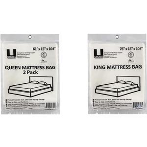 Uboxes Queen Mattress Moving Cover, 2 Pack, Clear, 61 x 15 x 90, QUEENCOVER02 & uBoxes Moving Supplies King Mattress Cover/Bag 76" x 15" x 104", Clear