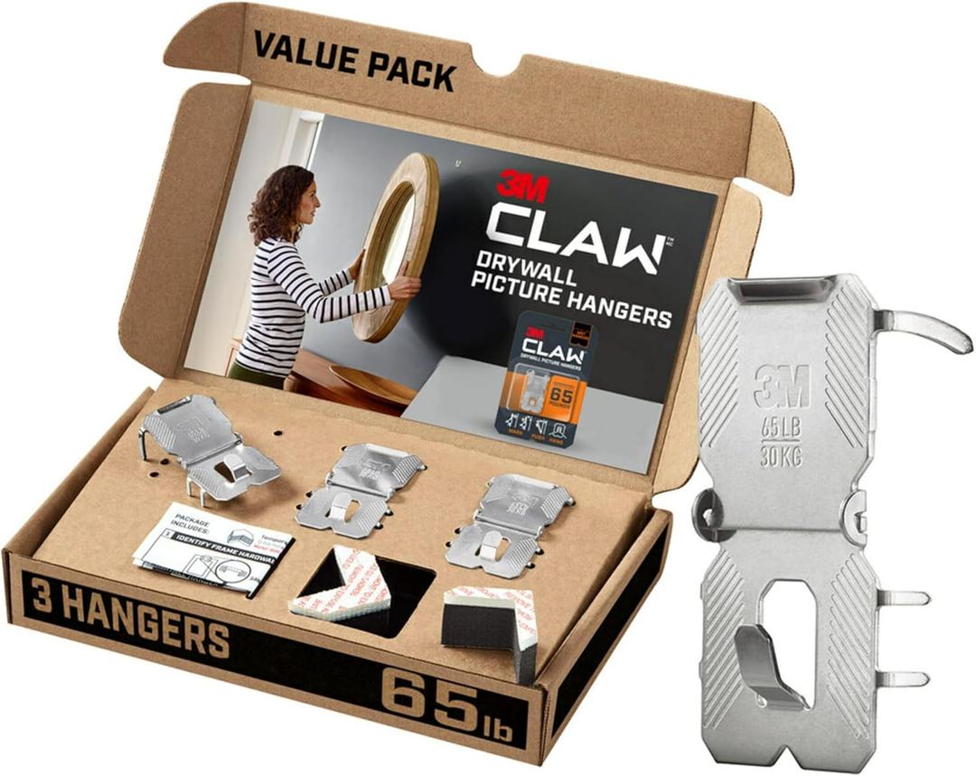 3M CLAW(TM) 65 lb. Drywall Picture Hanger With Spot Markers, Heavyweight Hanging Solution for Room Decor and Office Decor, Including Mirrors or Large Art 3 Pack