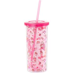Silver Buffalo Sanrio Hello Kitty and Friends My Melody Strawberry Donut and Milkshake Pattern Plastic Cold Cup with Lid and Straw, 20 Ounces