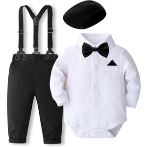 SALNIER Baby Boy 5PCS Formal Outfit Soft Cotton Romper Suspender Pants Bowtie Beret Hat Infant Wedding Birthday Party Suit (Black-whi,6-12 Months)