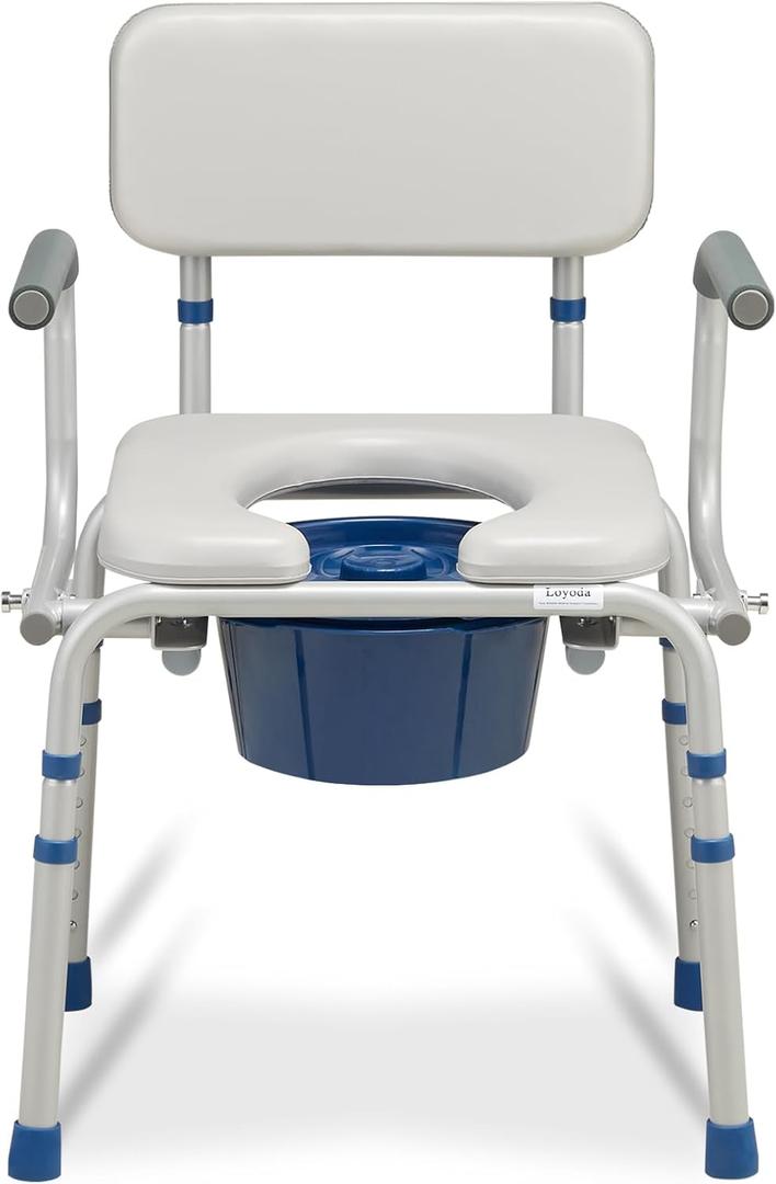 Loyoda FSA/HSA Eligible Padded Bedside Commode for Seniors, Portable Commode Toilet with Duty Drop Arms & Removable Bucket 6.3QT, 400 Lbs Potty Chair for Adults, Grey