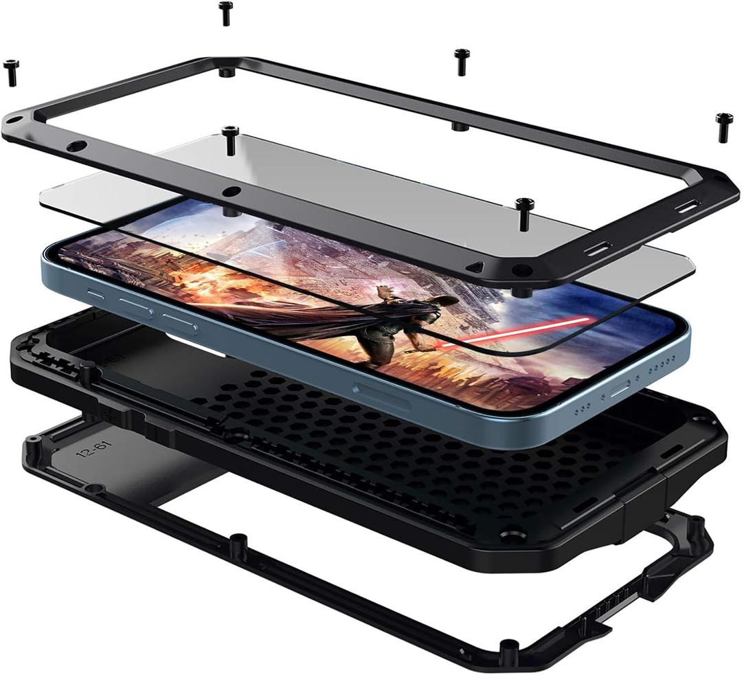 Heavy Duty Case for iPhone 14 Full Body Dustproof Dropproof Aluminum Alloy Case with Silicone Built-in Screen Protector (Black, for iPhone 14)