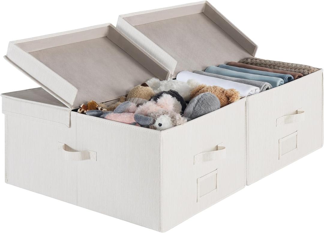 StorageWorks Extra Large Storage Bins with Lids, 55L Decorative Storage Bins with Double-Open Lid and Divider Board, Fabric Bins with Handles, Mixing of Beige, White & Ivory, 2-Pack (Jumbo)