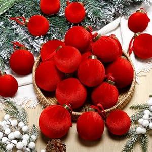 HyDren 24 Pcs Velvet Christmas Ornaments Balls Bulk Flocked Christmas Tree Ornaments 3.15, 2.76, 2.36 Inch Shatterproof Hanging Xmas Tree Balls Decor for Xmas Decorations(Red)