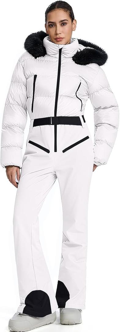 HOTIAN Women One Piece Ski Suits Slim Fit Overalls Jumpsuits Waterproof Winter Outdoor Snowboard Snow Suits (Medium, 2-beige)