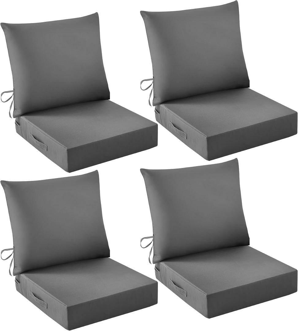 Outdoor Chair Cushions, 24 x 24 Inch Outdoor Cushion for Patio Furniture, Patio Chair Cushion, Waterproof & Fade Resistant Deep Patio Furniture Cushions Set with Handle and Ties, Dark Grey , 24*24+5.75/25*22.5, 4 Pieces