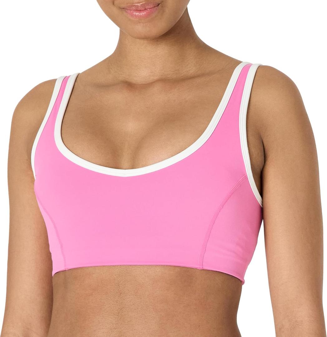 Amazon Essentials Womens Active FormFlex Buttery Soft Light Support V-Neck Sports Bra with Contrast Trim (Large, Flamingo Pink/White)