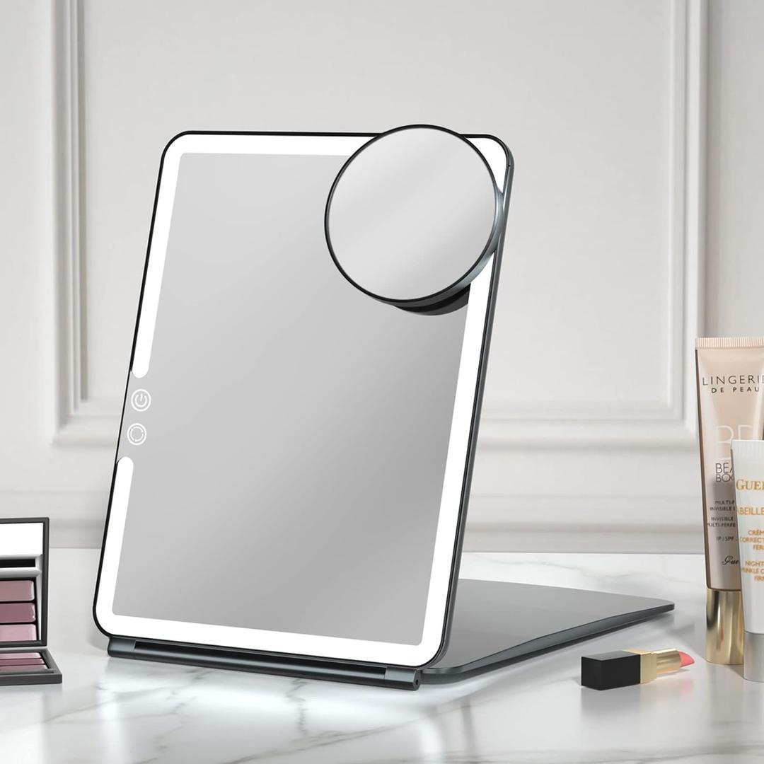 FUNTOUCH 10x7.5 Portable Large Travel Makeup Mirror with Light, 2500mAh Rechargeable Lighted Travel Makeup Mirrors with 3 Color Lights, Dimmable Folding Light Up Make up Mirror with Small 10x Mirror