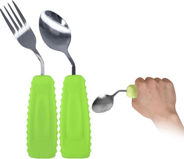 Adaptive Utensils Angled Spoon and Fork for Hand Tremors Parkinsons,Weighted Utensils with Non-Slip Easy Grip Handles for Independent Eating (1pcs Spoon+1pcs Fork=2 pcs,Green,Right Hand)