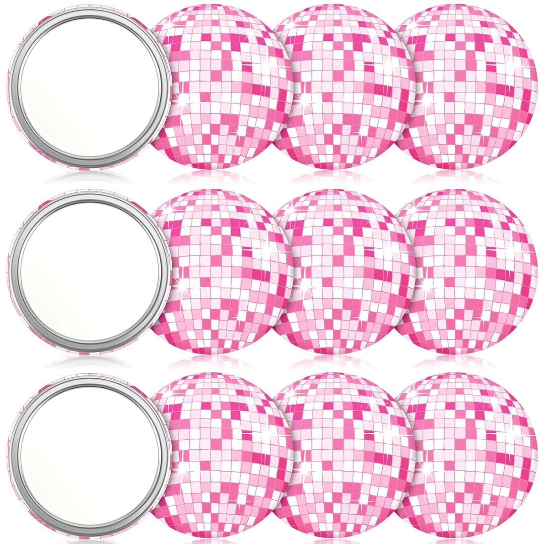 Qunclay 12 Pcs Disco Ball Compact Mirror 2.76 Inch Vintage Round Pocket Mirror Makeup Mini Mirror Handheld Portable Mirror for Purse, Women Gift Disco Party Supply Travel Daily (Pink)